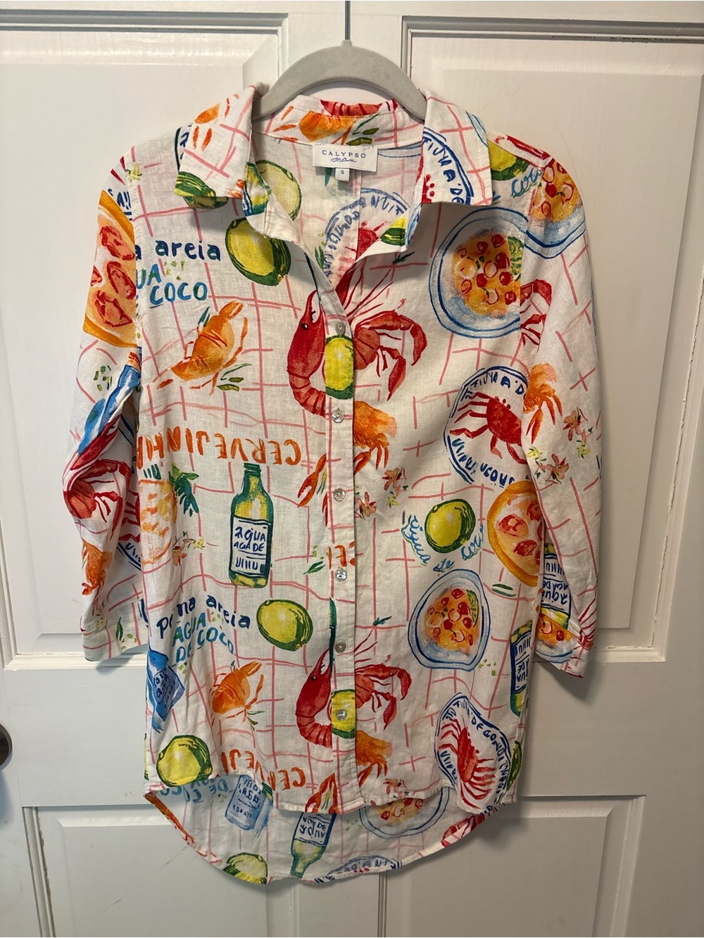 Calypso St Barth lobster button up top tunic cover up resort blouse s small